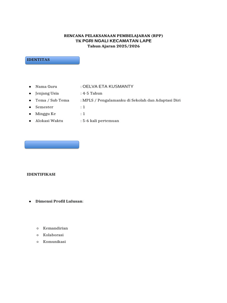 RPP Pembelajaran Adaptasi TK 2025/2026 | PDF