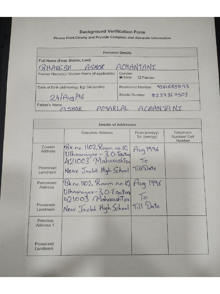 Indian BGC - Address Check Form | PDF
