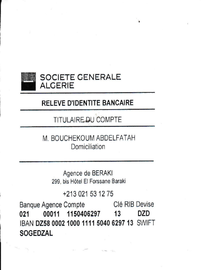 RIB Bancaire Société Générale Algérie | PDF