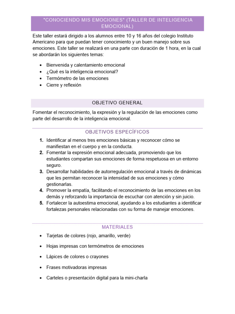 Taller de Inteligencia Emocional Juvenil | PDF | Las emociones ...