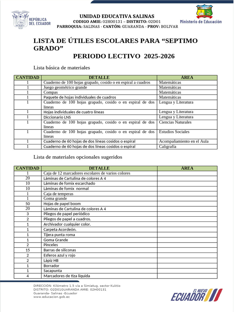 Útiles Escolares Séptimo Grado 2025-2026 | PDF | Papel | Materiales de ...
