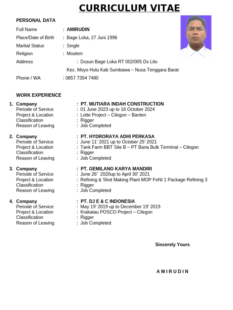 Amirudin's Rigger CV and Experience | PDF