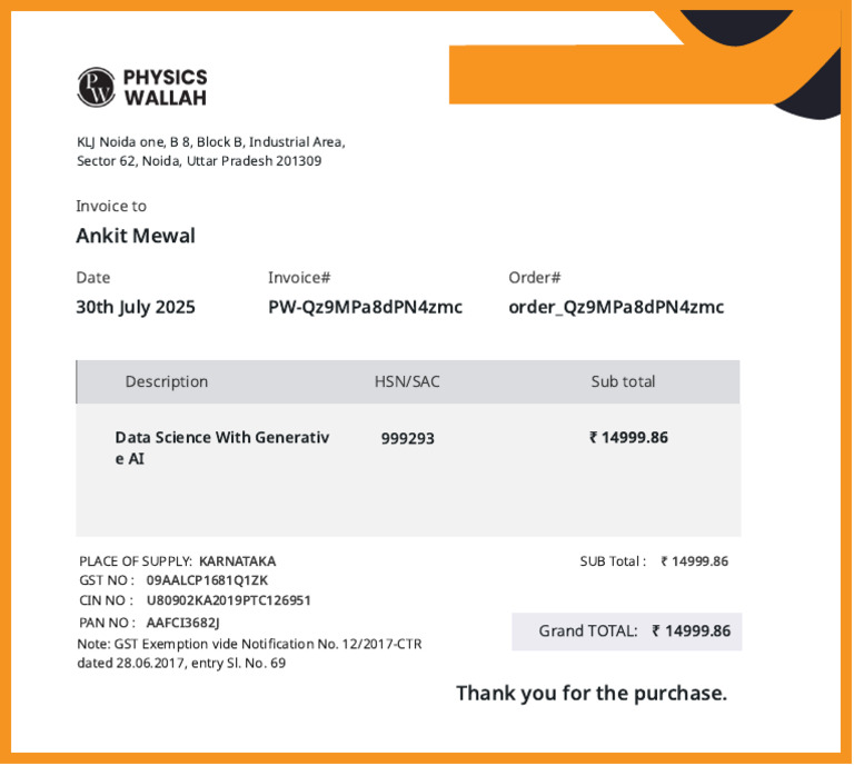 Invoice for Data Science Course Purchase | PDF