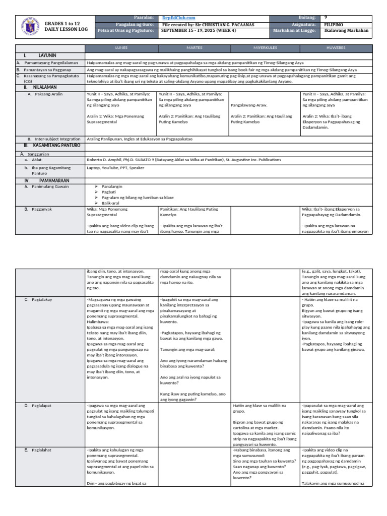 DLL Filipino 9 q2 w4 | PDF