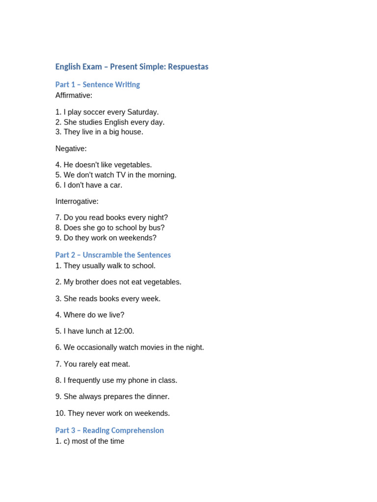English Exam Present Simple Respuestas | PDF