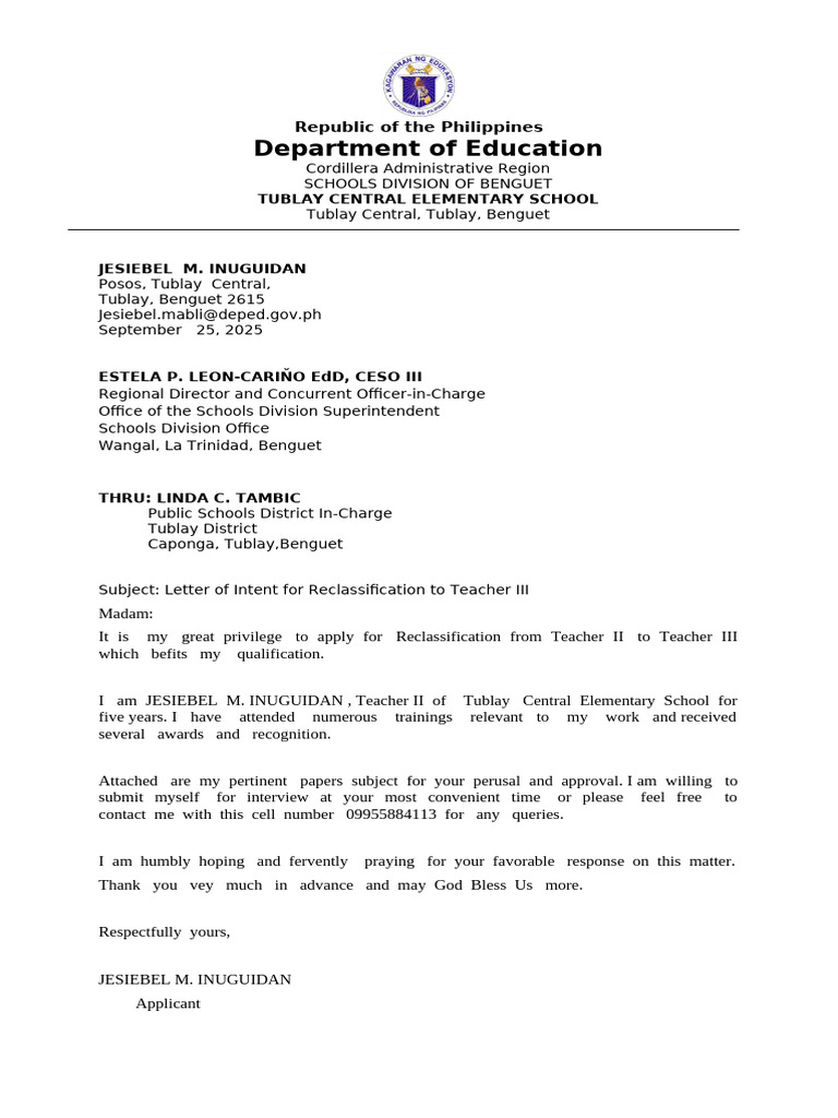 Teacher II Reclassification Intent Letter | PDF