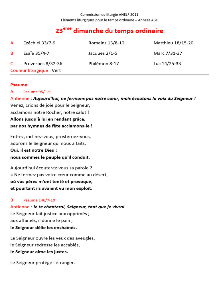 Éléments liturgiques 23e dimanche A-C | PDF | Liturgie et culte chrétien
