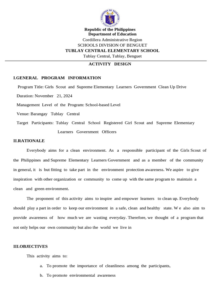 Tublay Central School Clean Up Drive | PDF | Natural Environment