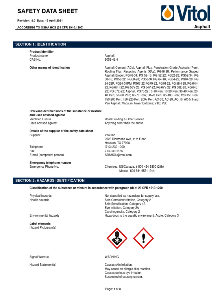 Asphalt Safety Data Sheet | PDF | Dangerous Goods | Toxicity