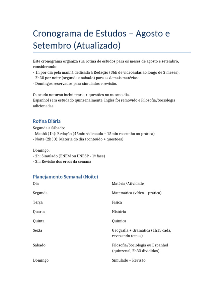 Cronograma de Estudos: Agosto e Setembro | PDF | Educação em Artes ...