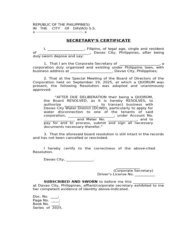 Secretary Certificate Sample | PDF
