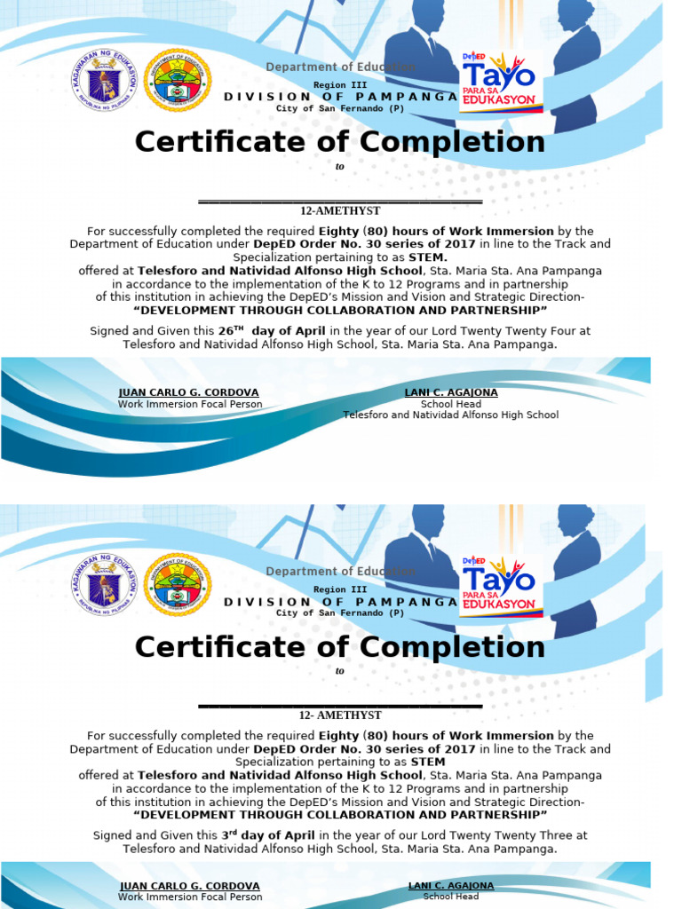 Certificate of Completion for STEM Immersion | PDF