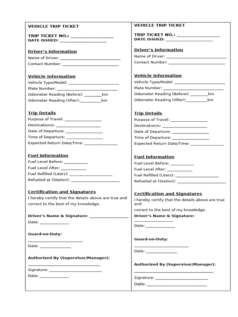Vehicle Trip Ticket Template | PDF | Motor Vehicle | Transport