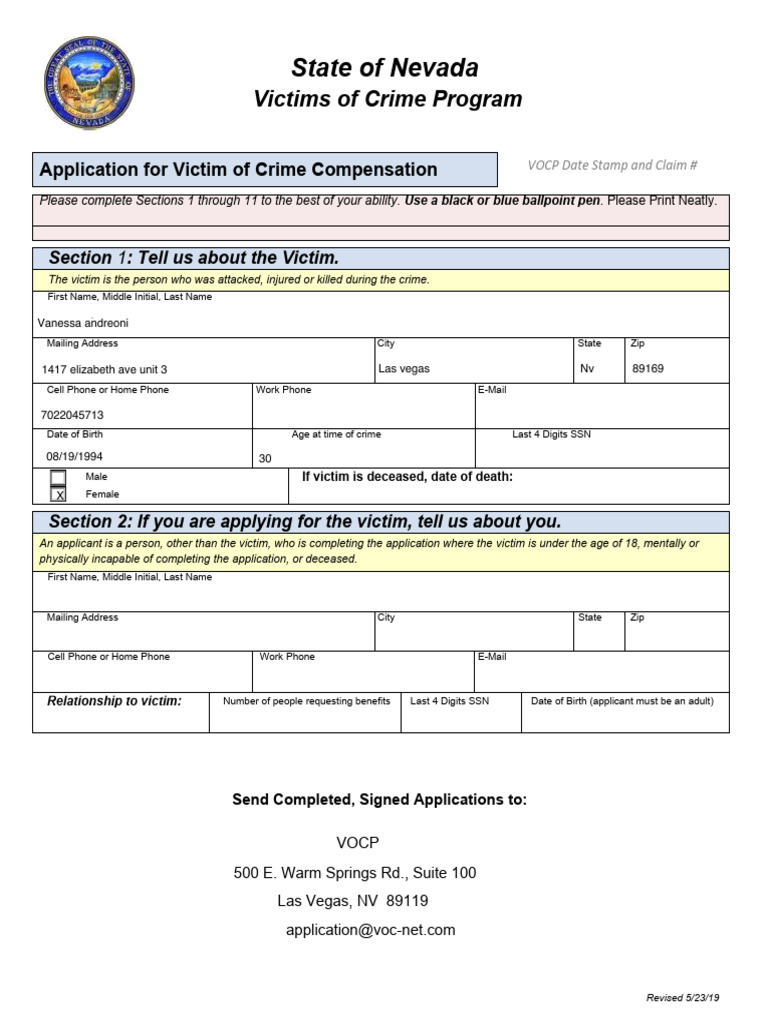Nevada Victims of Crime Compensation Application | PDF | Race And ...