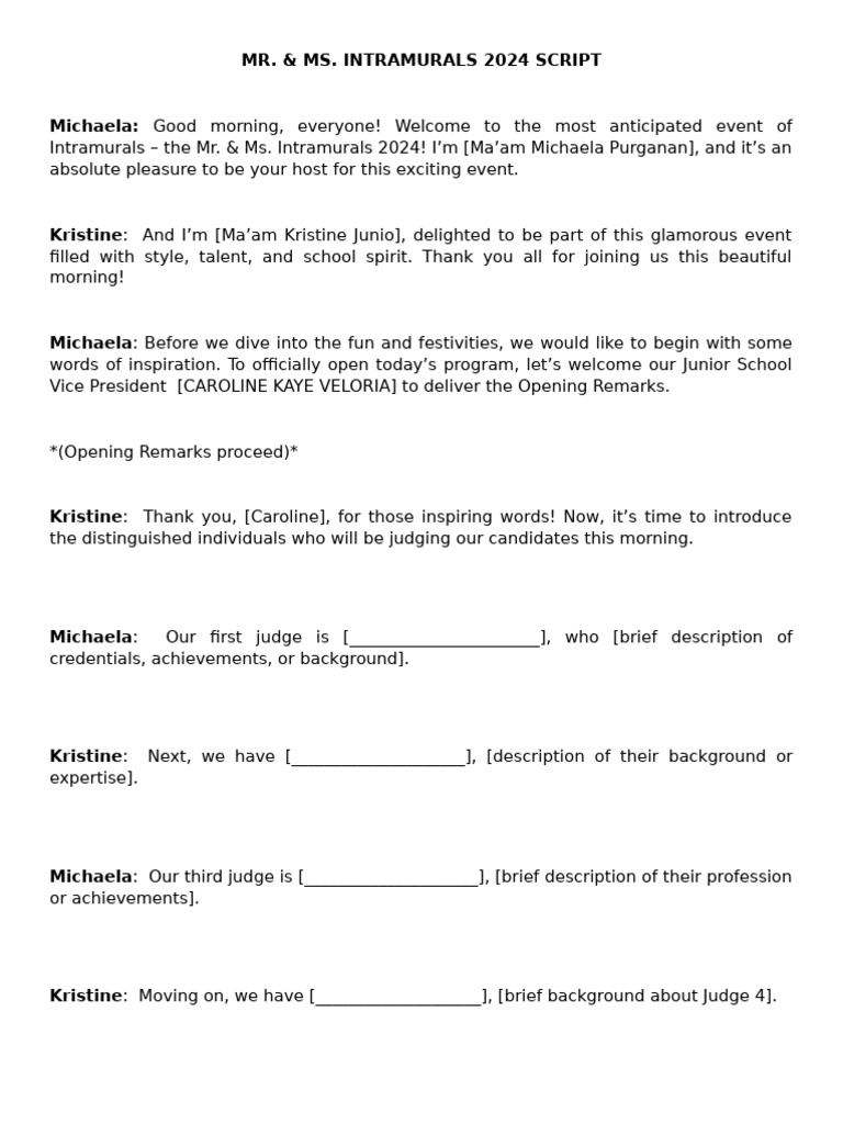 Intramurals Pageant 2024 Script | PDF