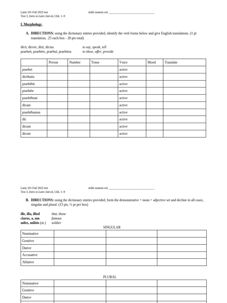 Latin 101 Test 3: Morphology & Syntax | PDF | Grammatical Conjugation ...