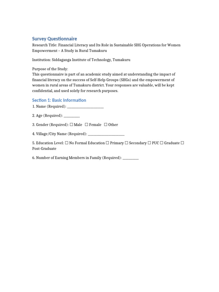 Final SHG Survey Questionnaire | PDF