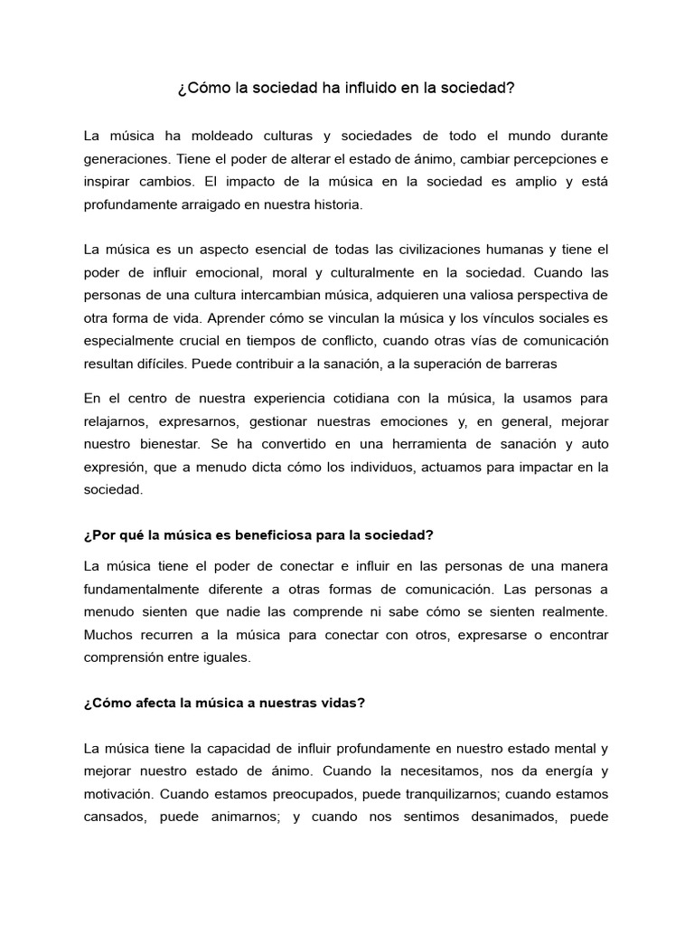 ¿Cómo La Sociedad Ha Influido en La Sociedad | PDF | Sociedad | Las ...