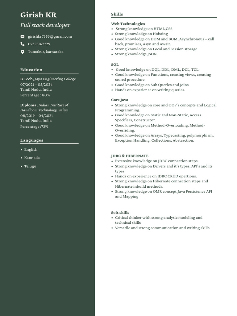 Full Stack Developer Resume - Girish KR | PDF | Method (Computer ...