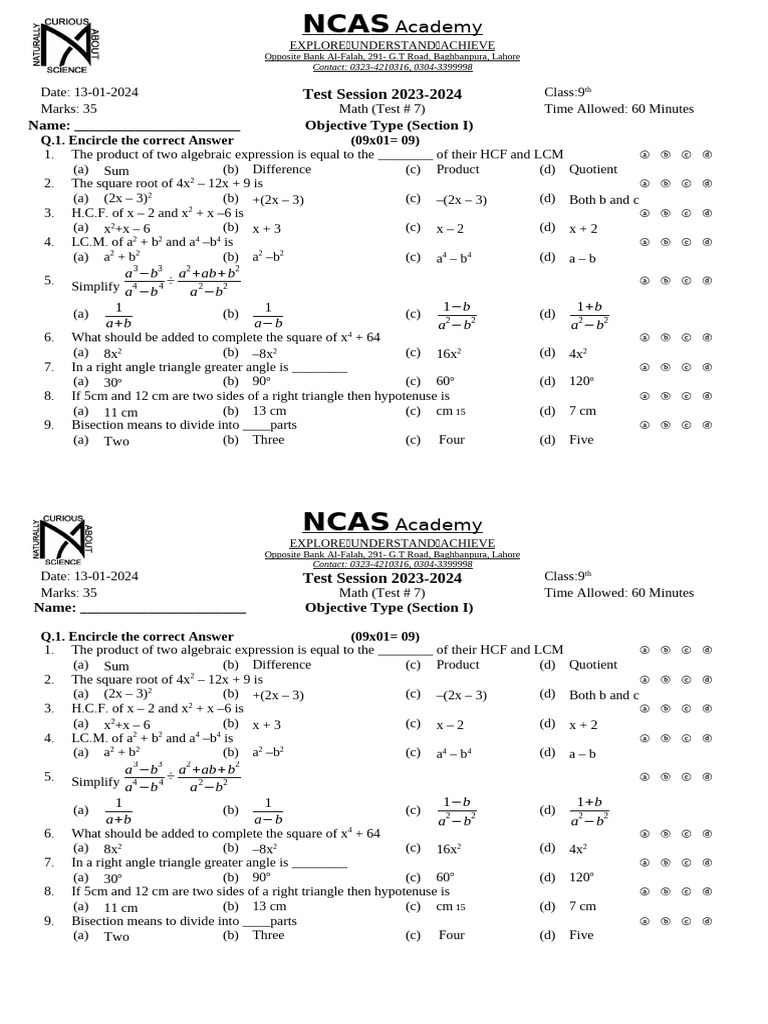 9th Grade Math Test #7 2024 | PDF | Chess Theory | Chess