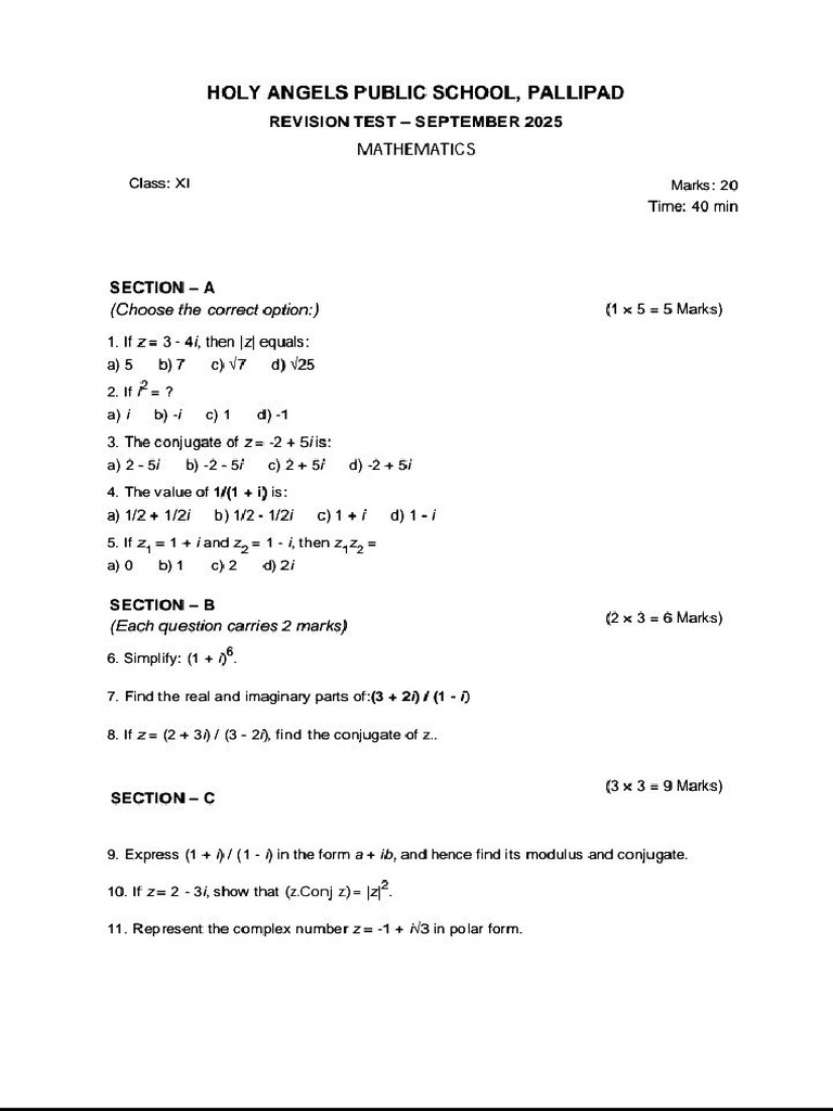 XI Maths Revision Test | PDF