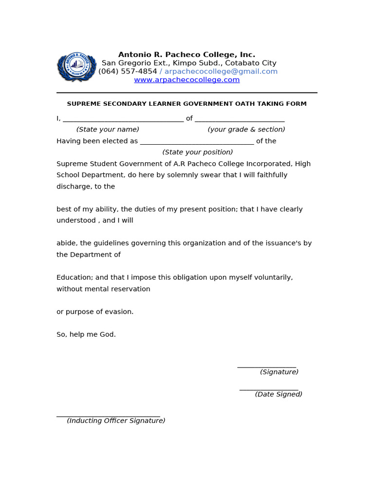 SSG 2026 Oath Taking Form | PDF