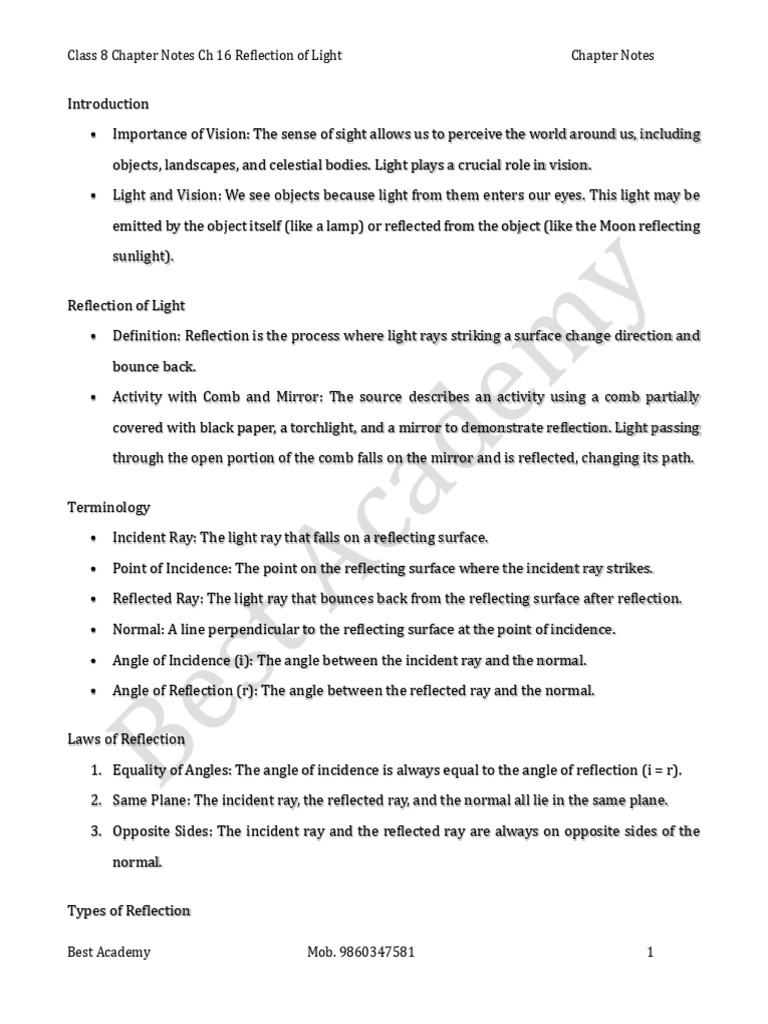 Class 8 Light Reflection Notes | PDF | Reflection (Physics) | Light