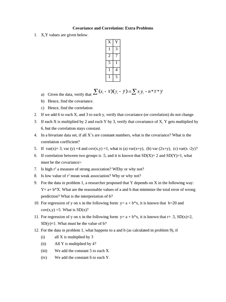 Covariance and Correlation Problem Set | PDF