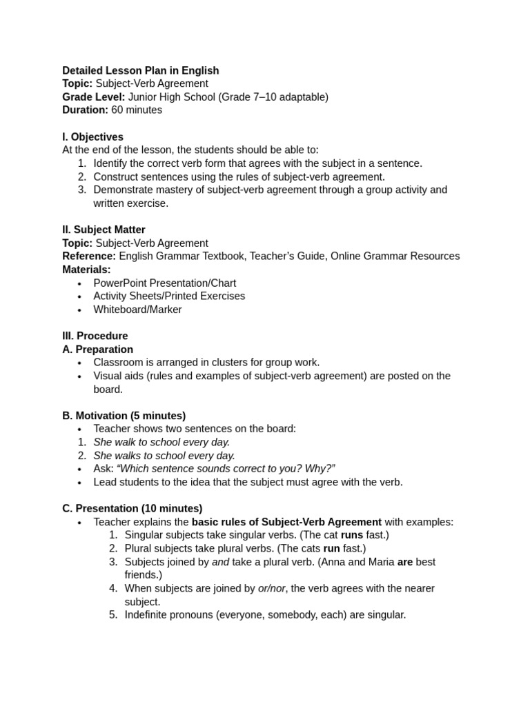 Subject-Verb Agreement Lesson Plan | PDF | Grammatical Number | Subject ...