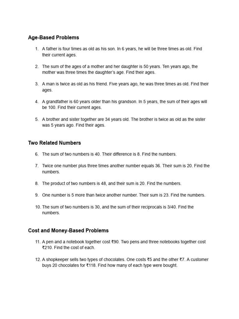 Age, Cost, and Geometry Problems | PDF | Length | Triangle