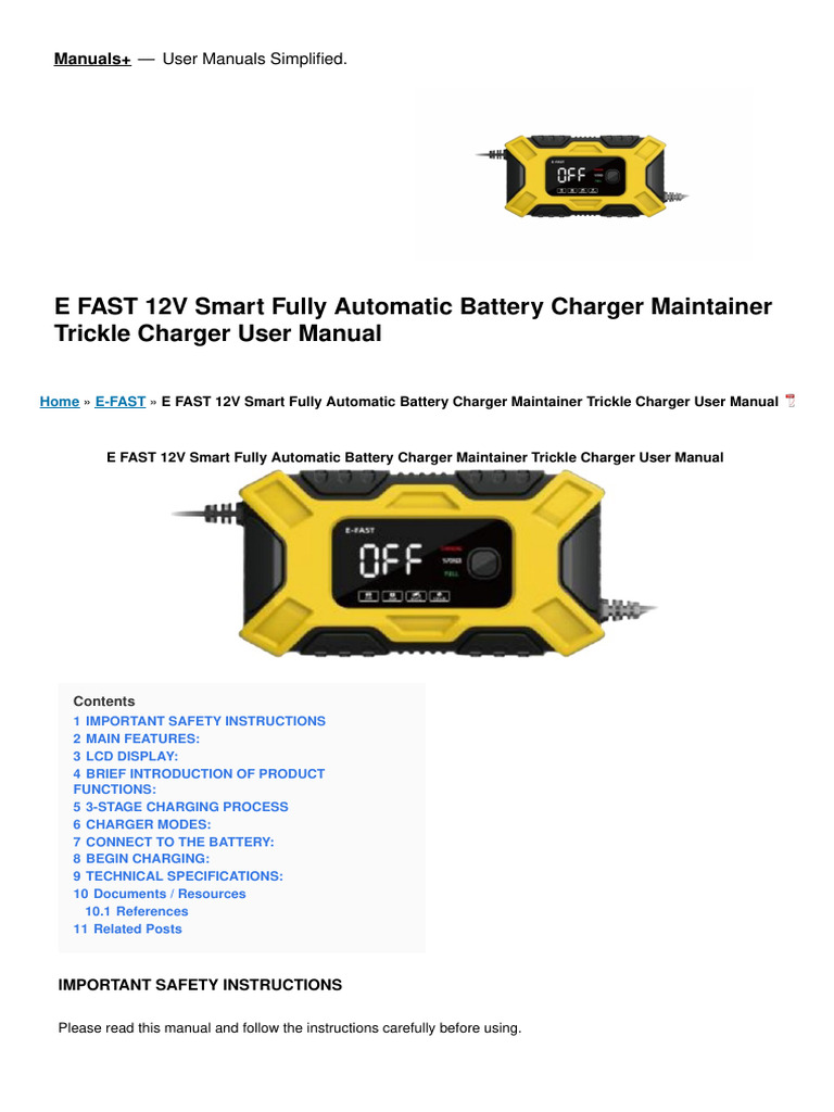 E-FAST 12V Automatic Battery Charger Manual | PDF | Battery Charger ...