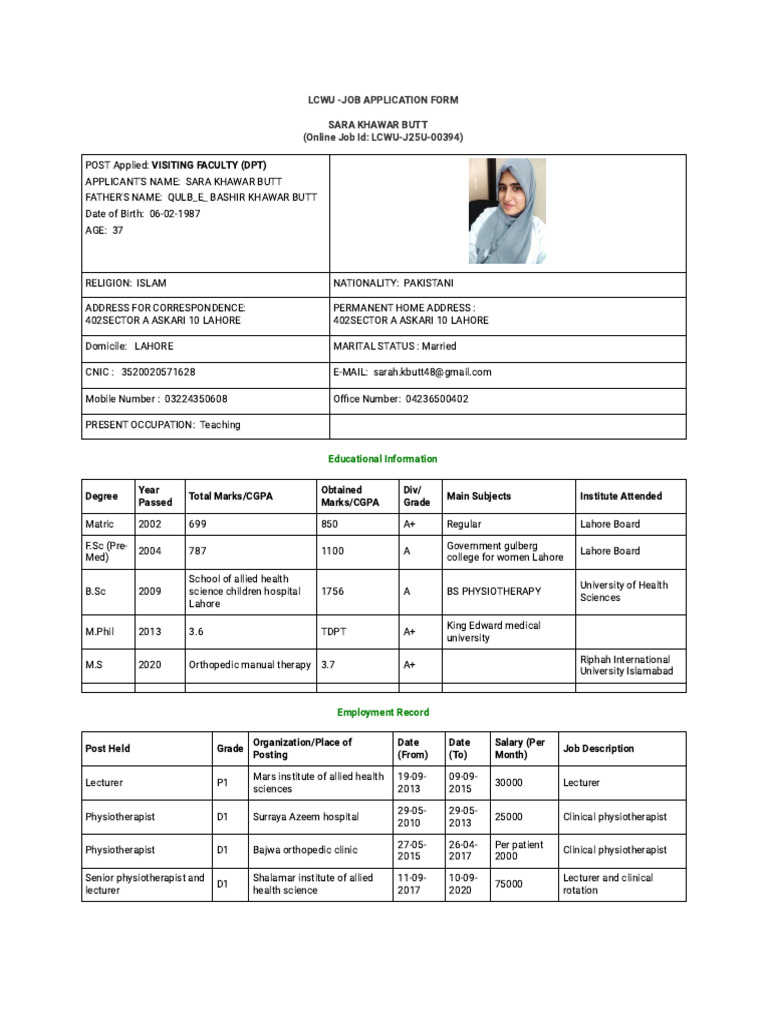Lahore College For Women University - Job Application Form | PDF ...