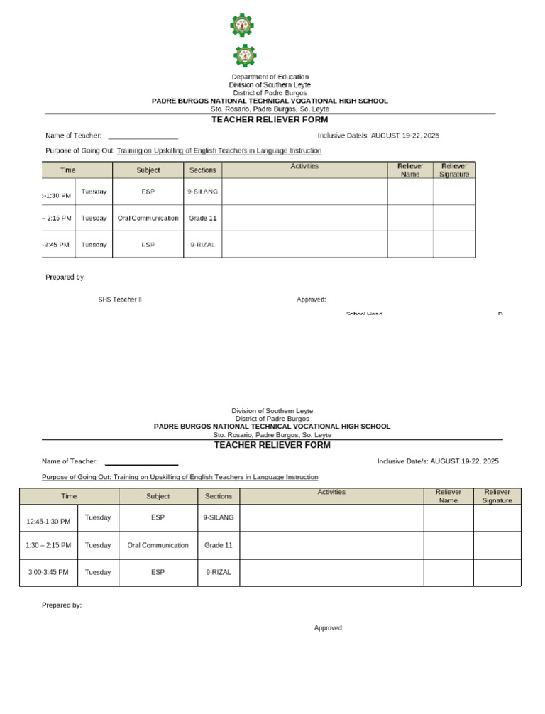 Teacher Reliever Form for English Training | PDF