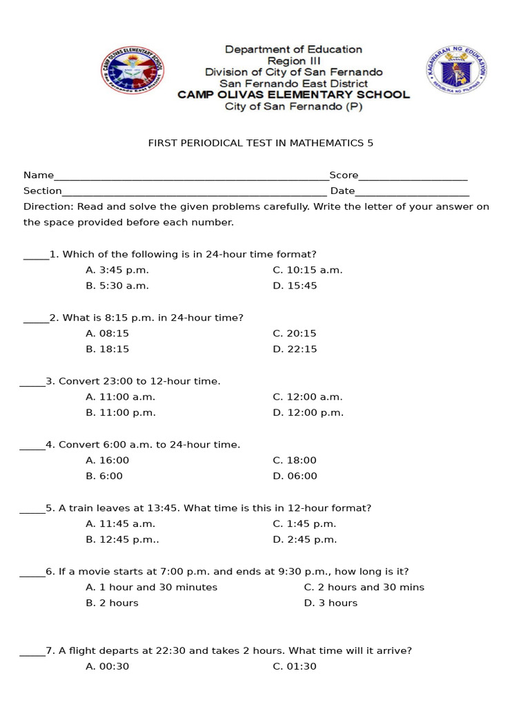 Math Test for Grade 5 Students | PDF | Area | Elementary Mathematics