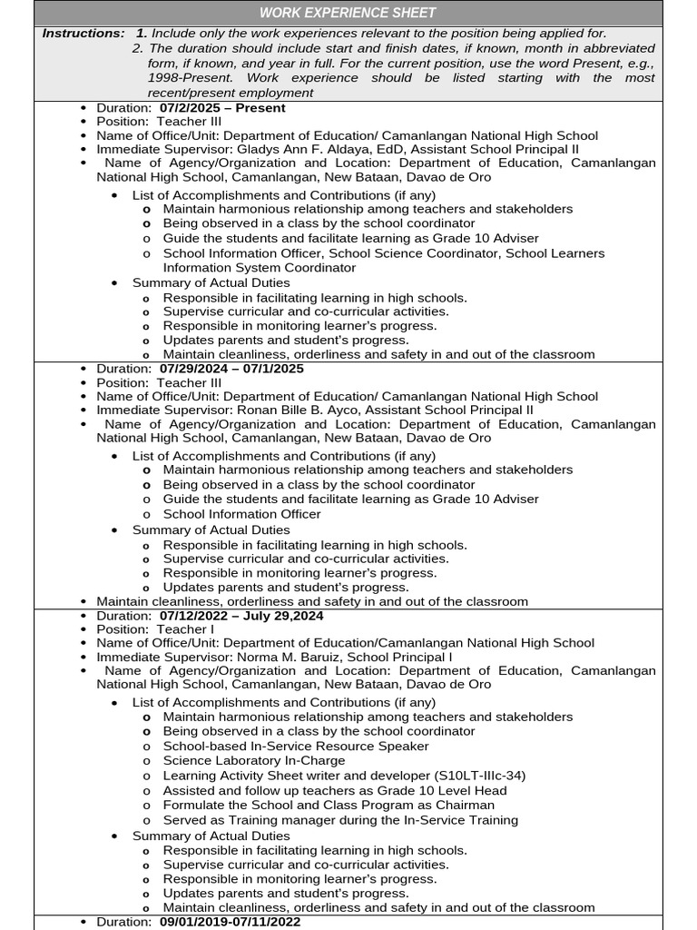 Work Experience Sheet for Teachers | PDF | Learning | Intelligence