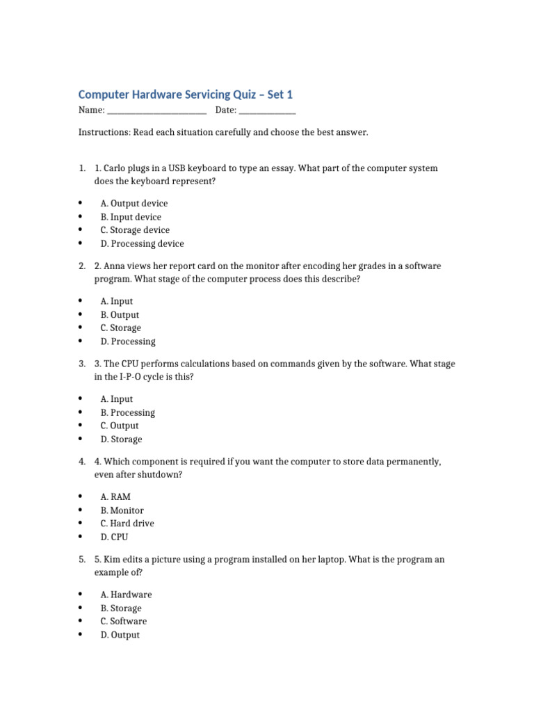 Computer Hardware Servicing Quiz Set 1-3 | PDF | Computer Data Storage ...
