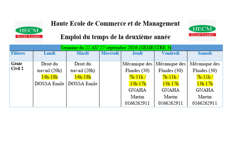 Emploi du temps 2e année HEC 2026 | PDF