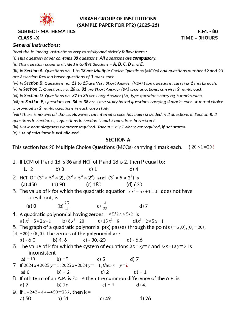 Mathematics Sample Paper Class X 2025-26 | PDF | Triangle | Angle