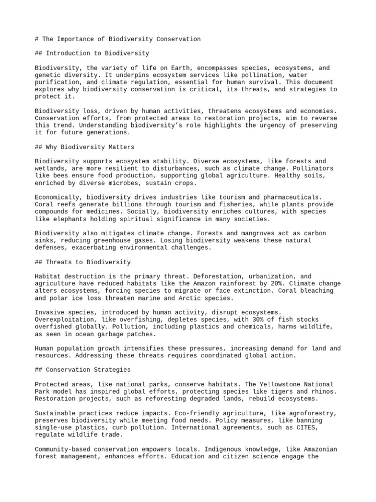 Importance of Biodiversity Conservation | PDF | Biodiversity ...