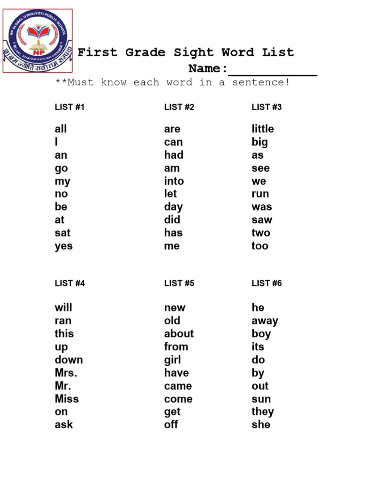 STD 1 Word List Session 2024-25 | PDF