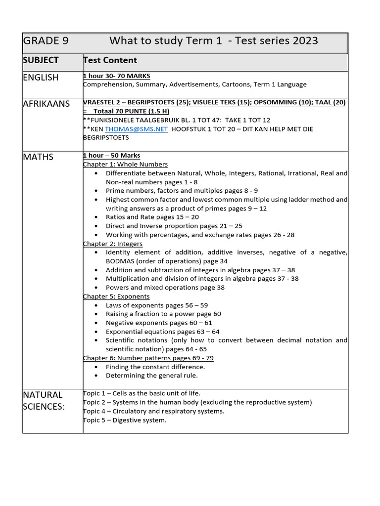 Grade 9 Term 1 Test Study Guide | PDF | Exponentiation | Multiplication