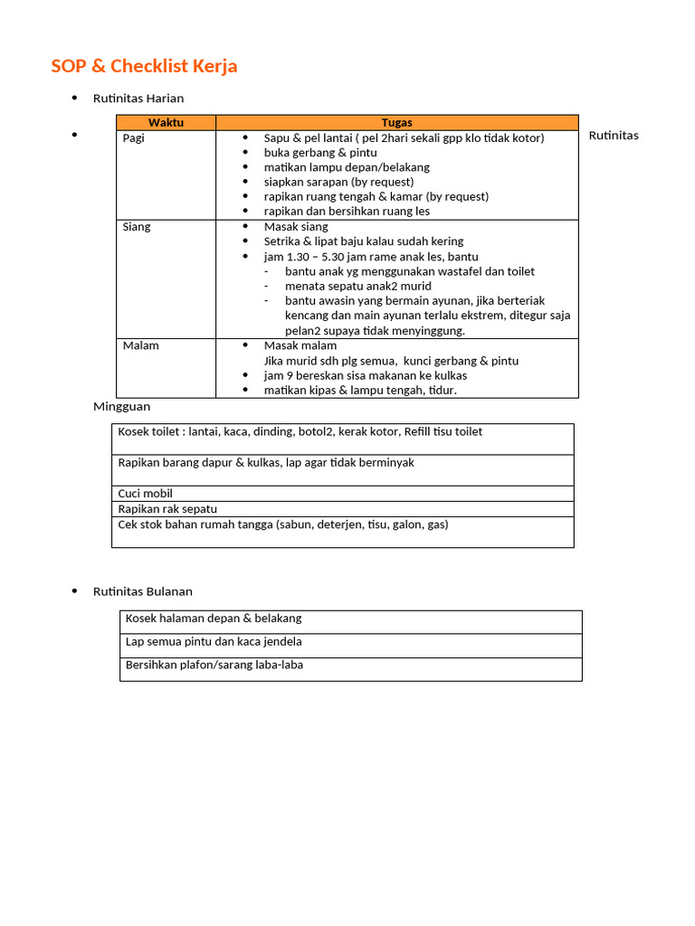SOP Kebersihan Harian dan Checklist | PDF