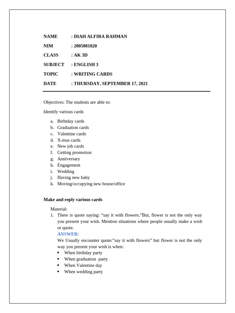 Writing Various Greeting Cards | PDF | Observances