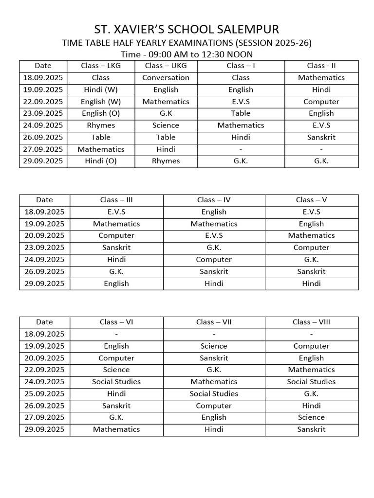 Half Yearly Exam Timetable 2025-26 | PDF | Science