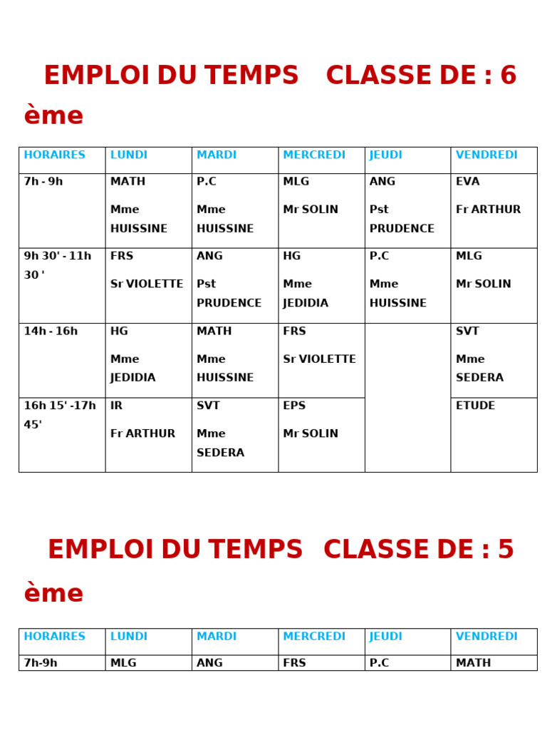 Emploi du Temps Classes 6 à 3ème | PDF
