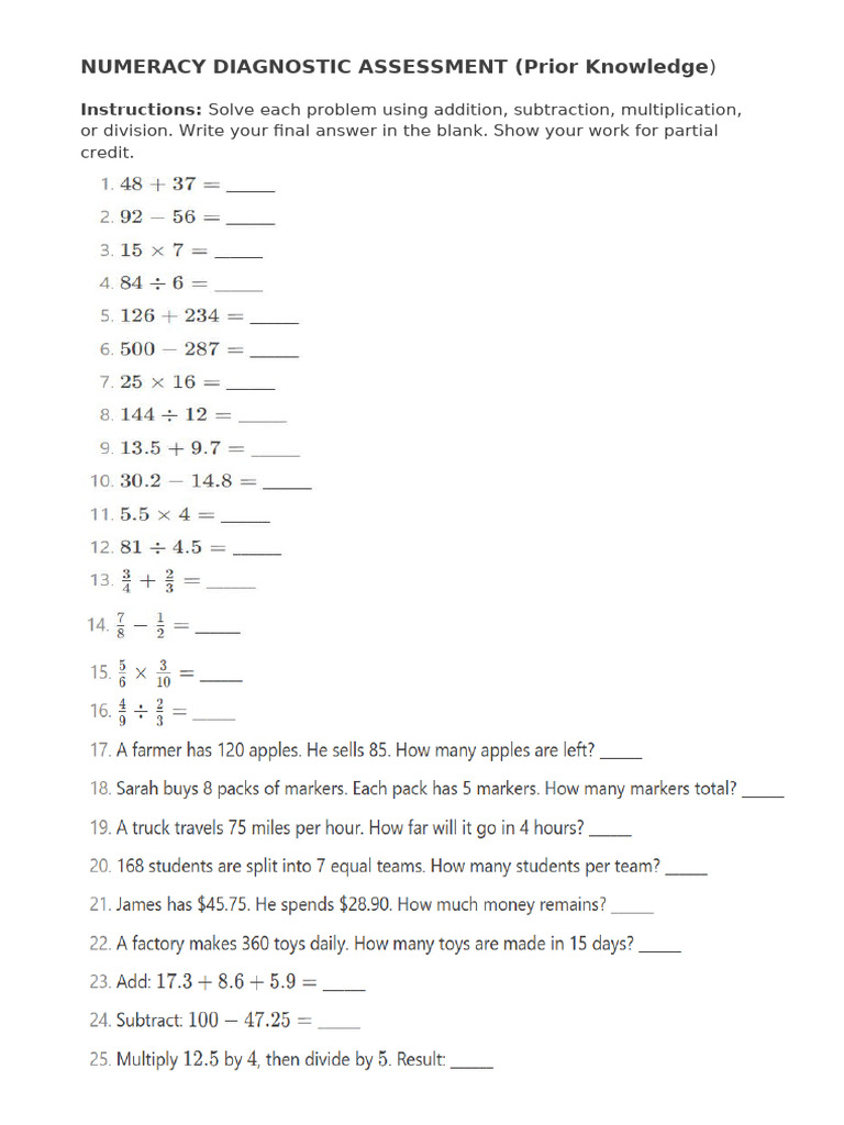 Numeracy Diagnostic Assessment | PDF