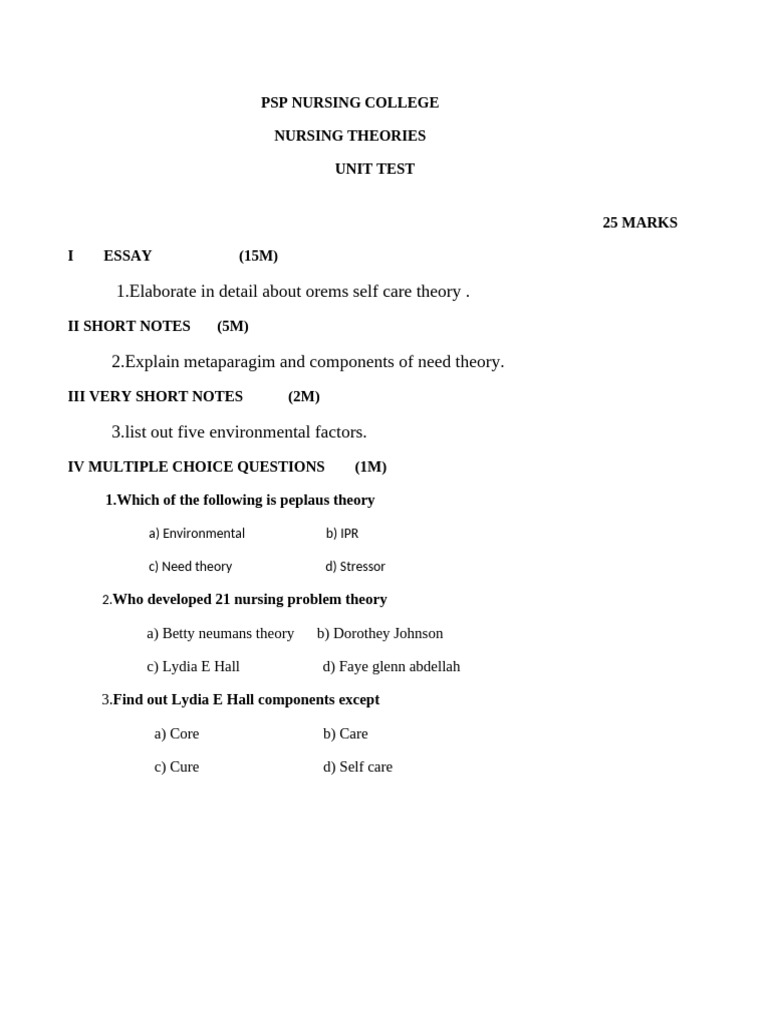 Nursing Theories Unit Test | PDF