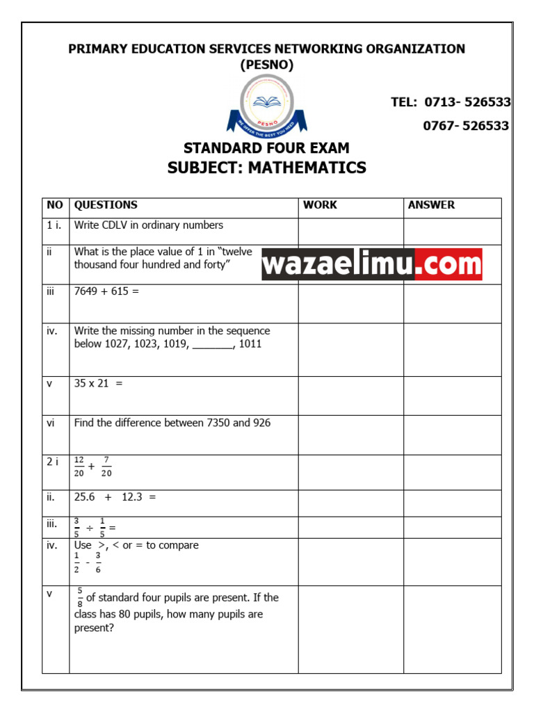 Standard Four Mathematics Exam Questions | PDF