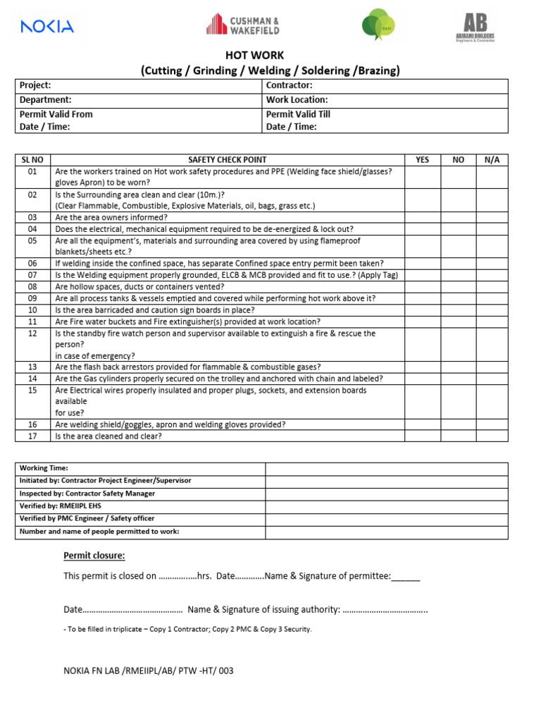 Hot Work Safety Permit Checklist | PDF | Welding | Construction