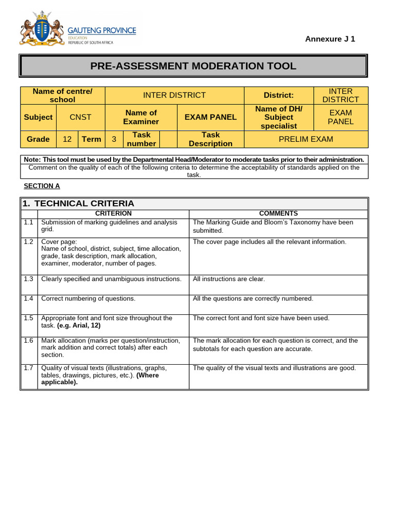 Grade 12 Pre-Assessment Moderation Tool | PDF | Question | Cognition